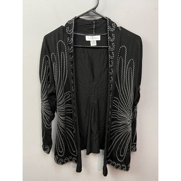 Once Again Cardigan Womens Large Black/White/Silver‎ Embroidered Open Front - Picture 2 of 6